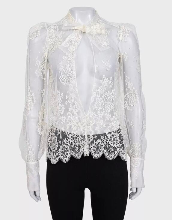 Christian Dior Tops - Christian Dior Vintage White Sheer Tie Neck Blouse Long Sleeve S